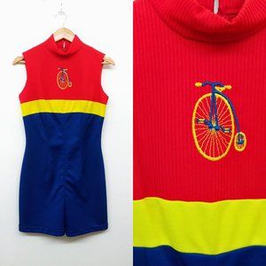Vintage 70s Primary Colors Romper Playsuit with Embroidered Bicycle
